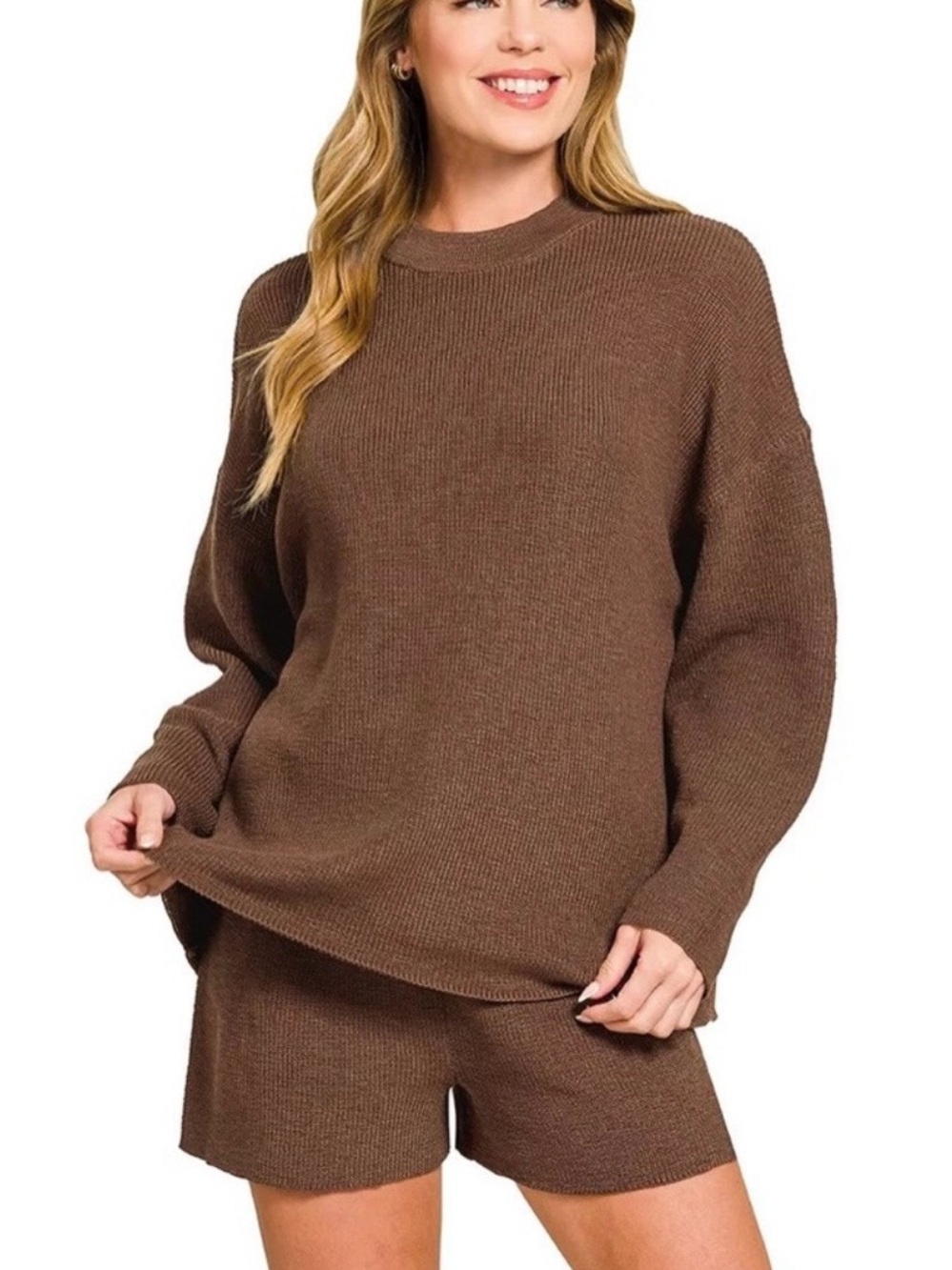 Zenana Outfitters Dark Brown Crewneck Sweater & Knit Shorts Set